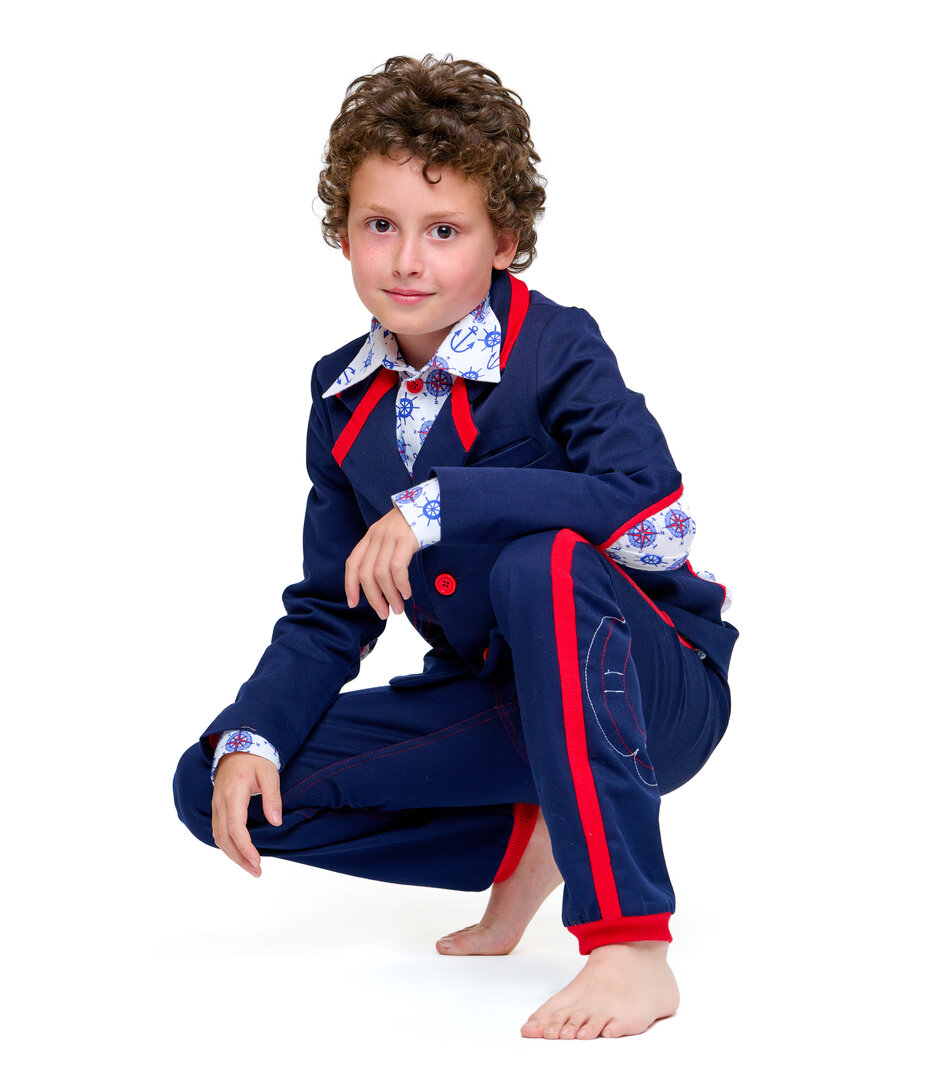 SAILOR  DENIM suit jacket with  3 open circles on back and handmade embroidery interactive application on front ,with 2 buttons 