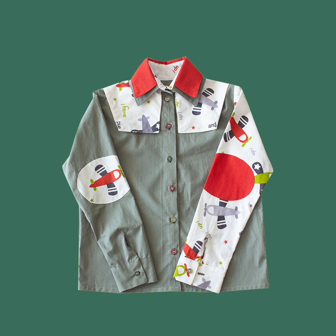 KHAKI VINTAGE  SAROCHINI BLOUSESHIRT WITH DOUBLE COQUETTE/COLLAR  AND AIRPLANES