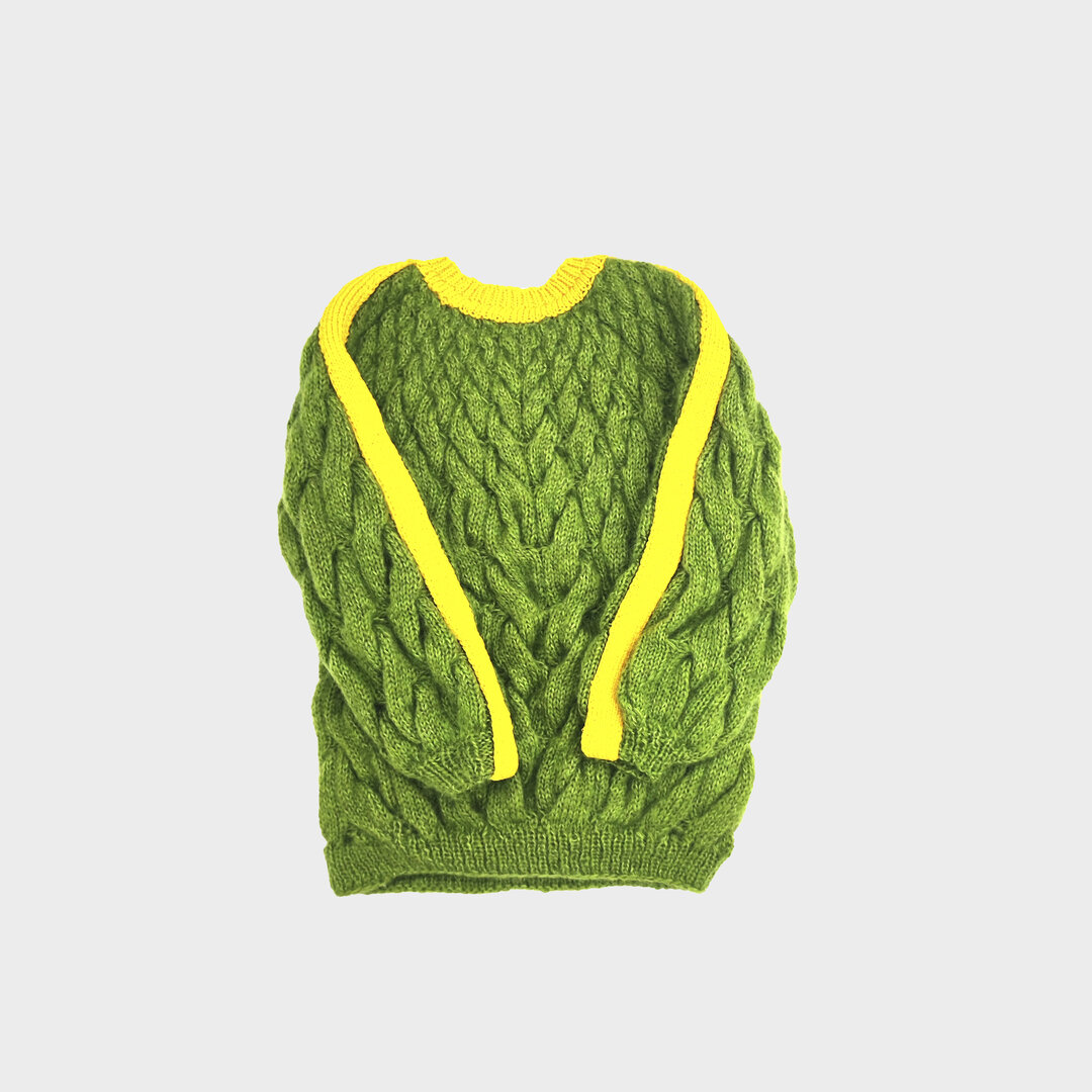 KNITTED HANDMADE GREEN  SWEATER WITH YELLOW STRIPS