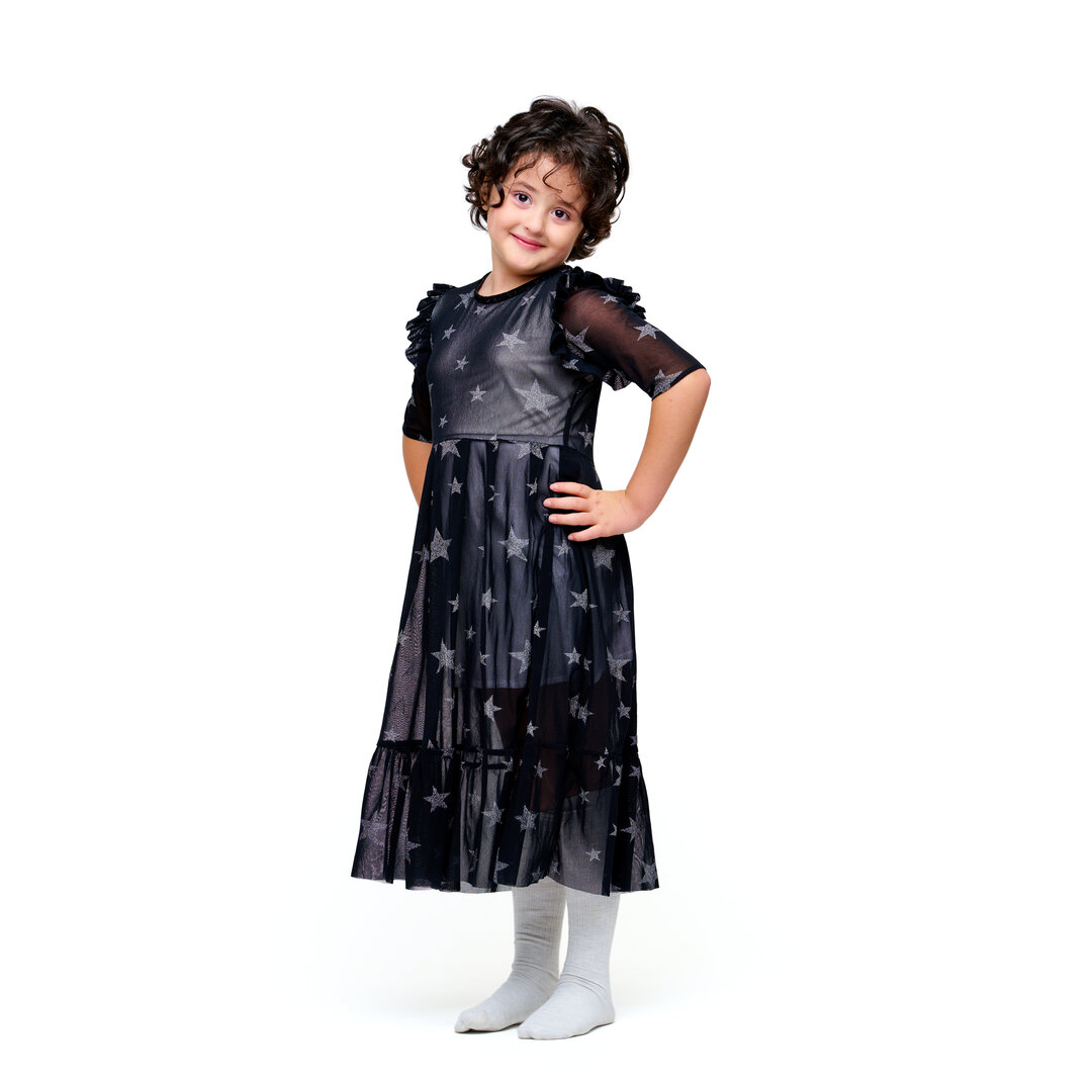 ITALIAN GRID DRESS WITH SPARKLED STARS AND RUFFLES ON SLEEVS