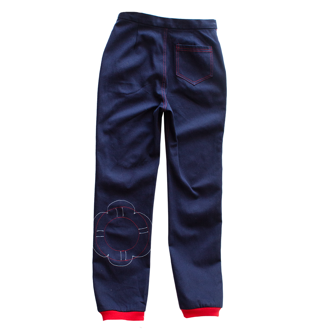 DENIM  LONG  SAILOR TROUSERS WITH RUBBERS AND SAILOR PRINTED POCKETS