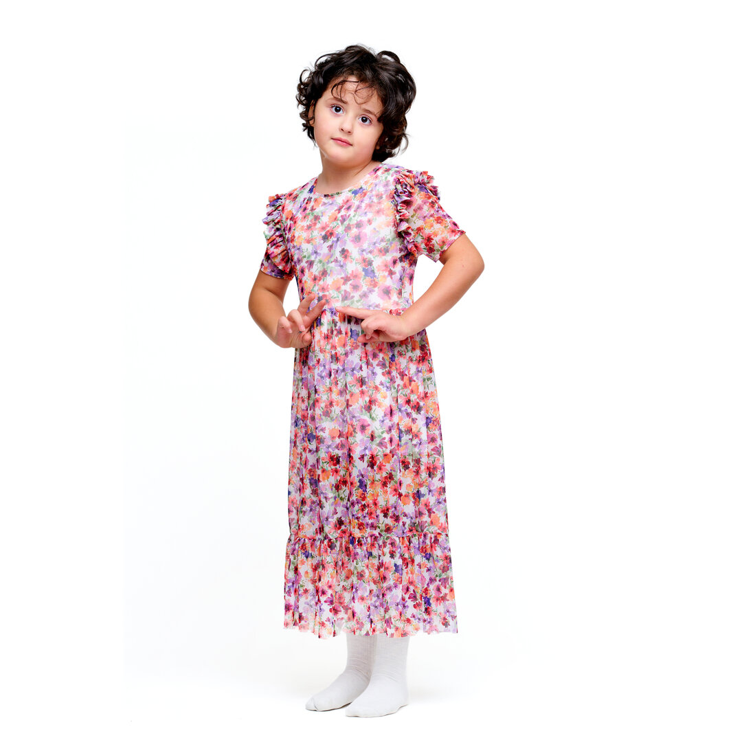 ITALIAN GRID DRESS WITH COLORFULL FLOWERS  AND RUFFLES ON SLEEVS