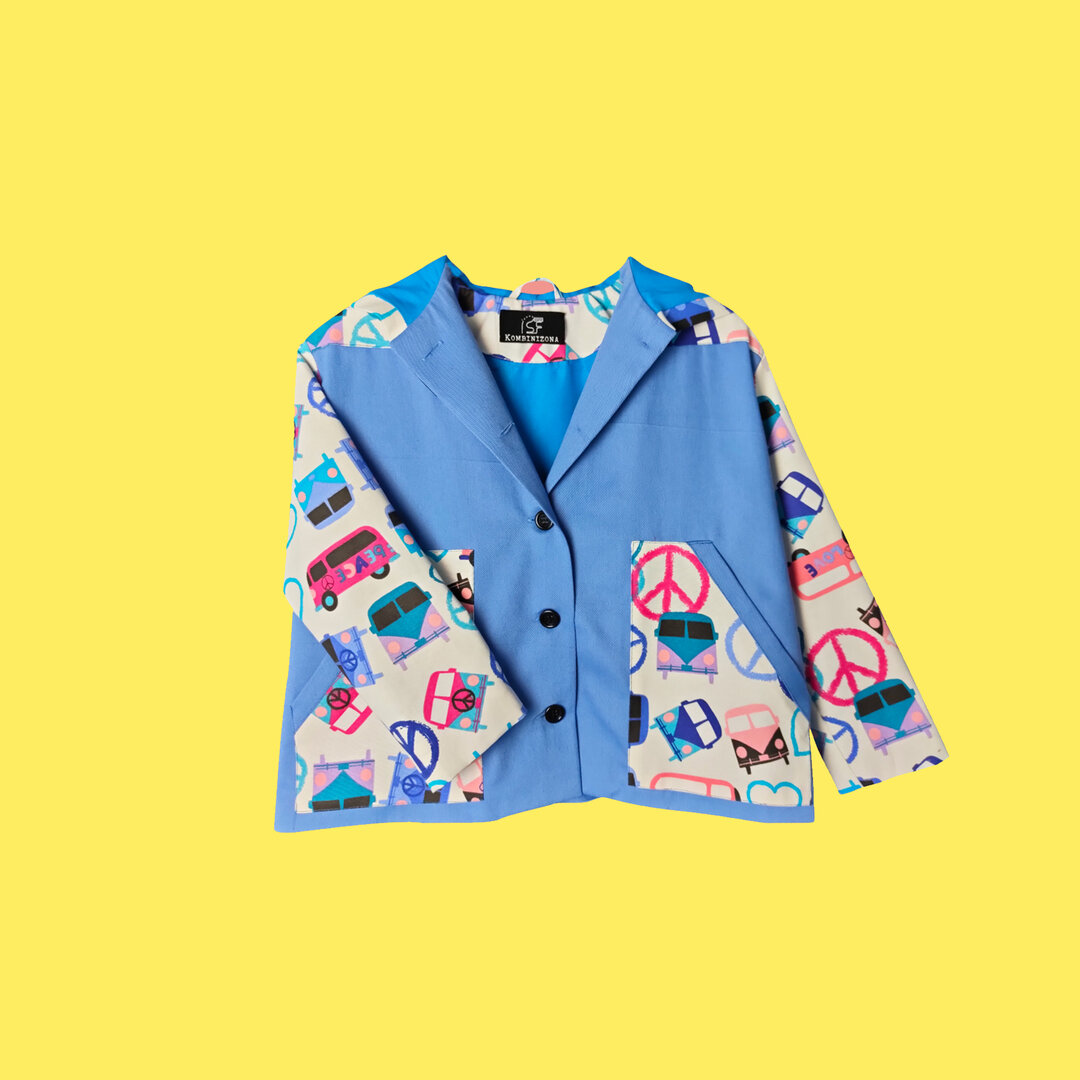 PASTEL BLUE  COAT /JACKET WITH COLORFULL LONG SLEEVES AND HAPPINESS SYMBOLS PRINT